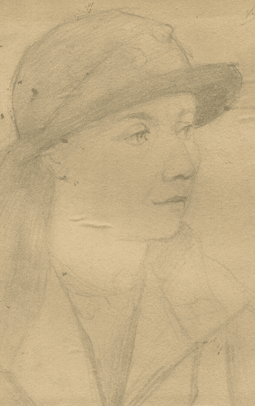 Antique Pencil Drawing Original Woman Portrait with Hat signed