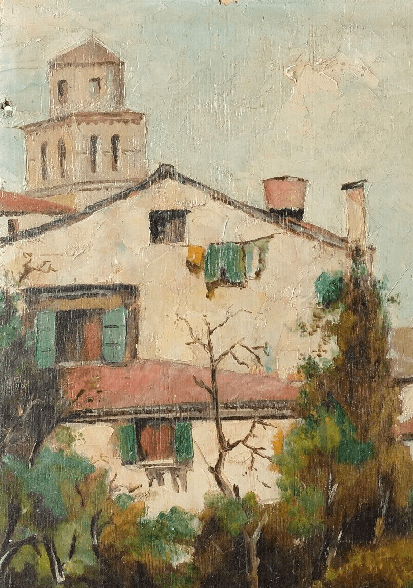Antique Oil Painting Original Signed MARIN Landscape, Village, House, Canal
