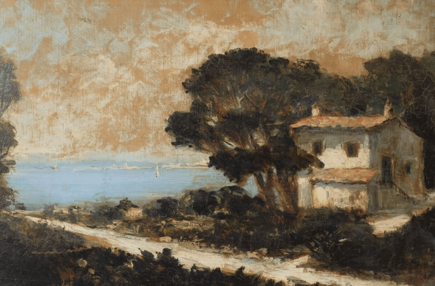 Antique Oil Old Original Painting Signed Landscape by the Sea Artwork