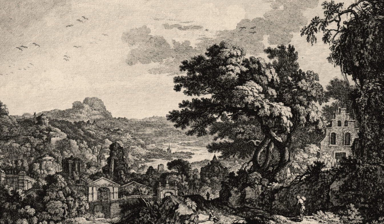 Antique Original Etching Landscape, Forest, Mountain, Trees, Cityview