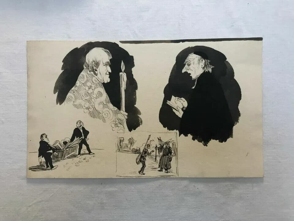 Antique Ink Drawing 19th century Priest, Religious, Scene de Genre image 6