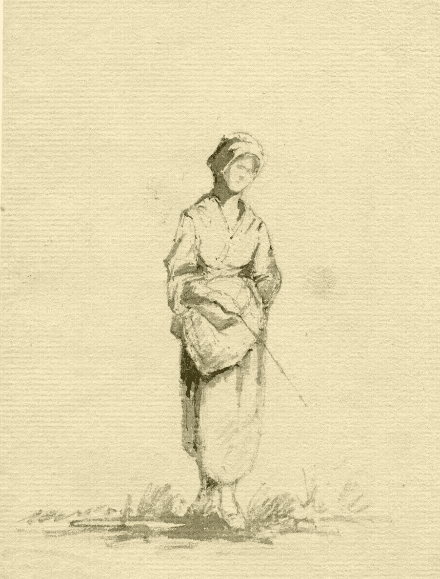 Antique Ink Original Drawing 19th century Farmer, Woman, Costume, Hat