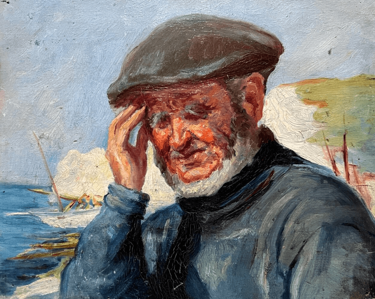 Antique Original Painting signed Man Portrait, Fisherman, Landscape