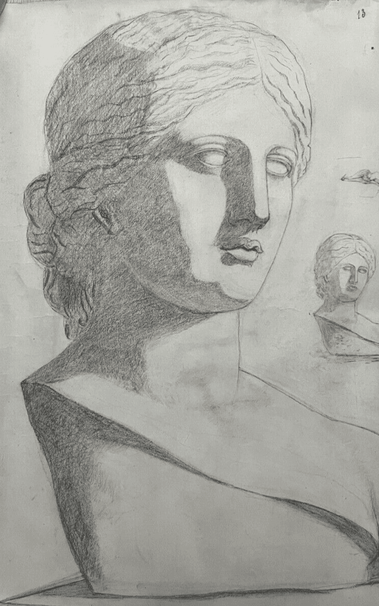Antique Original Drawing Woman, Portrait, Sculpture, Greek