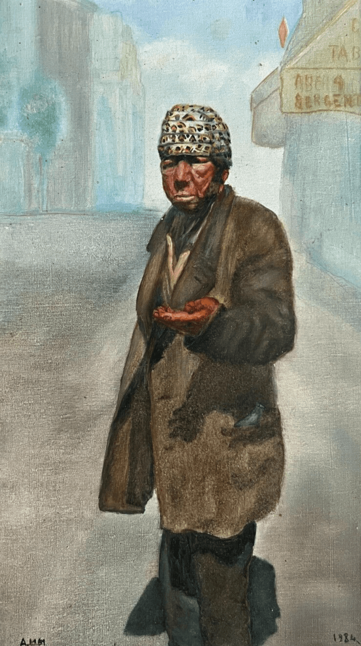 Antique Oil Painting Homeless Man Portrait signed
