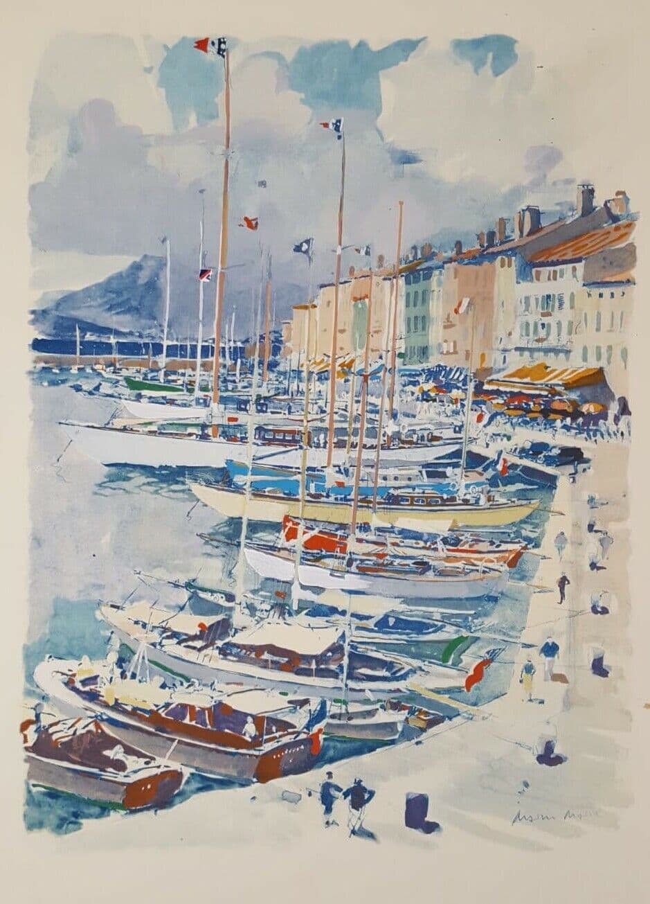 Lithograph by MARIN-MARIE Pont de Saint-Tropez Yachting 1957 image 1
