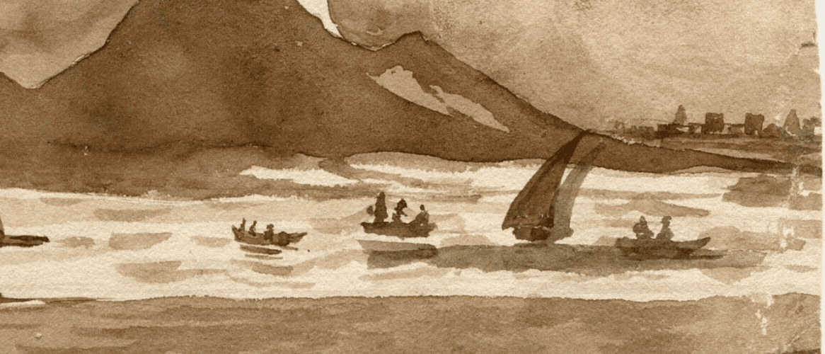 Antique Ink Drawing Original 19th century Mountain, Boats, Sea, Maritime image 5