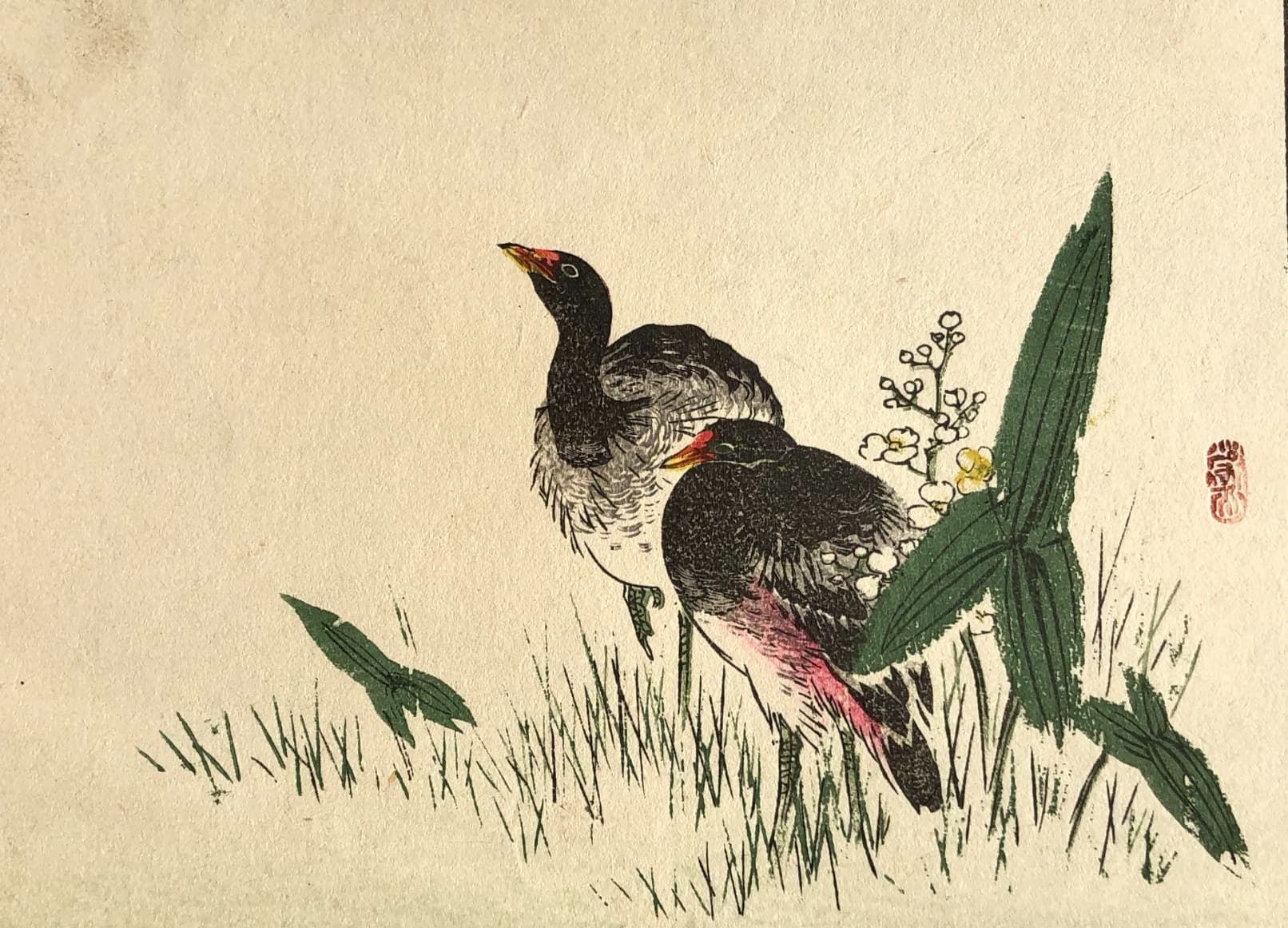 Black and Pink Birds Japanese WoodPrint c. 1890 image 1