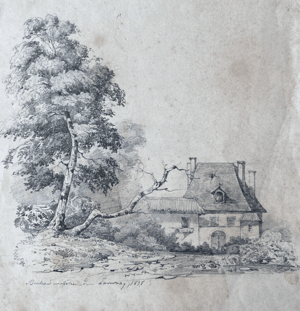 Antique Pencil Drawing 19th century Original Landscape Château de Santenay 1838