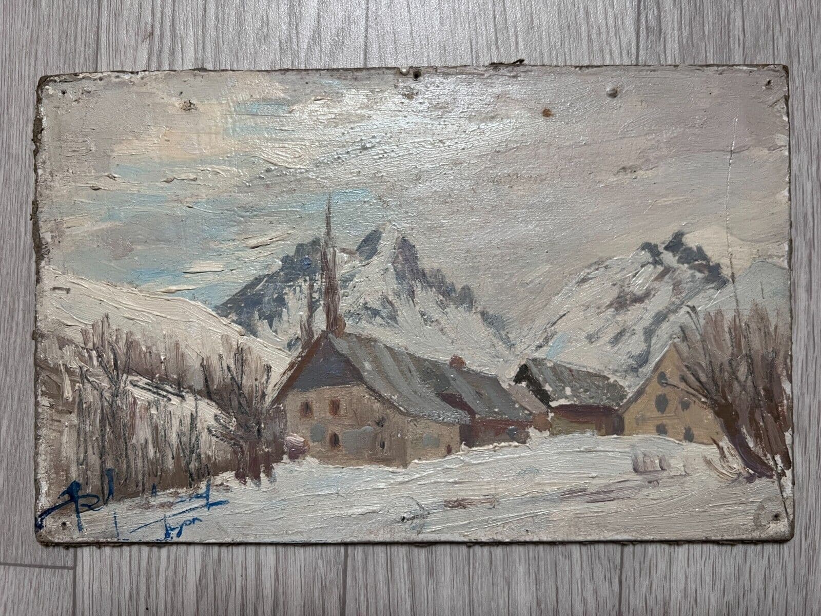 Antique Original Painting signed WinterLandscape, Town, Mountain Robert BELGRAND image 6