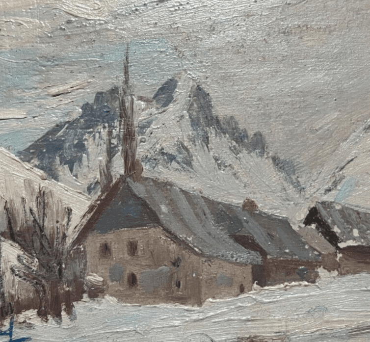 Antique Original Painting signed WinterLandscape, Town, Mountain Robert BELGRAND image 3