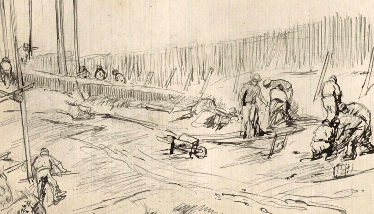 Antique Ink Original Drawing Marin Figures, People Working Artwork