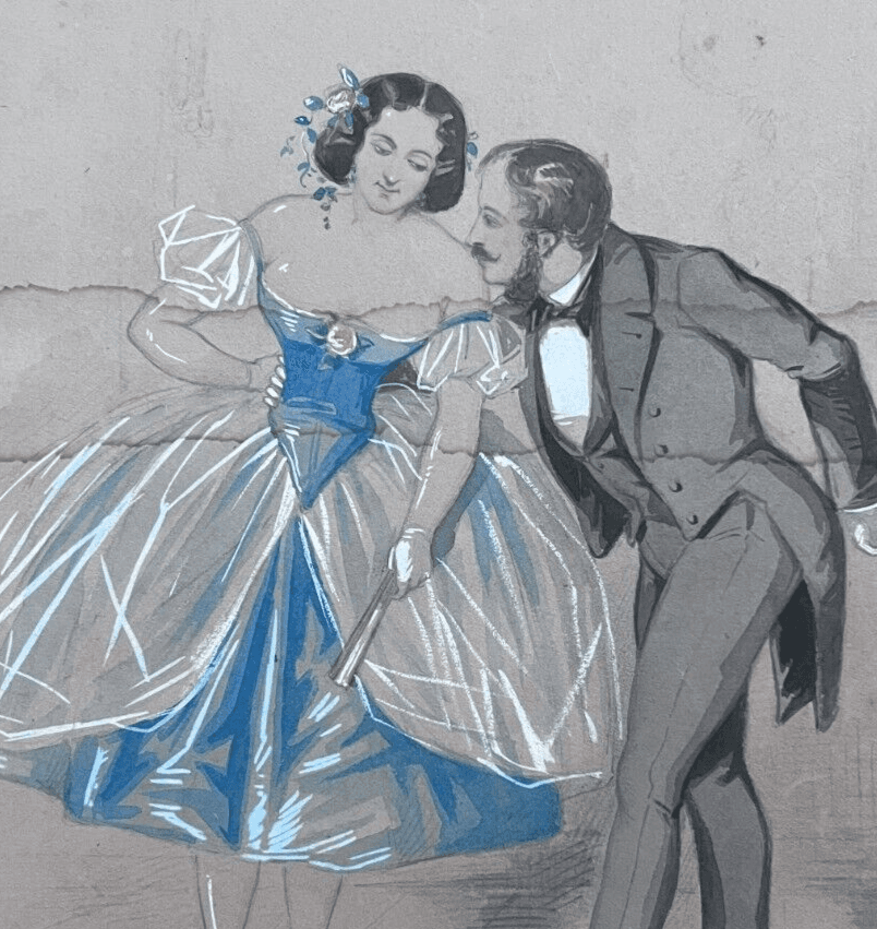 Original Antique 19th century Drawing Couple Dancing