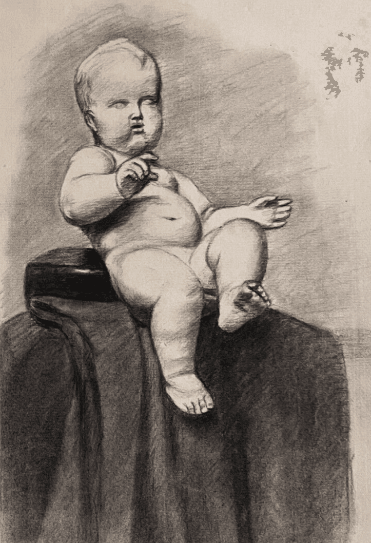 Antique Drawing Original Charcoal Man Portrait, Baby signed