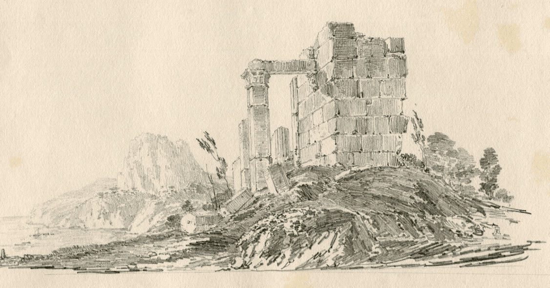 Antique Pencil Drawing Original 19th century Ruins Castle Landscape image 1