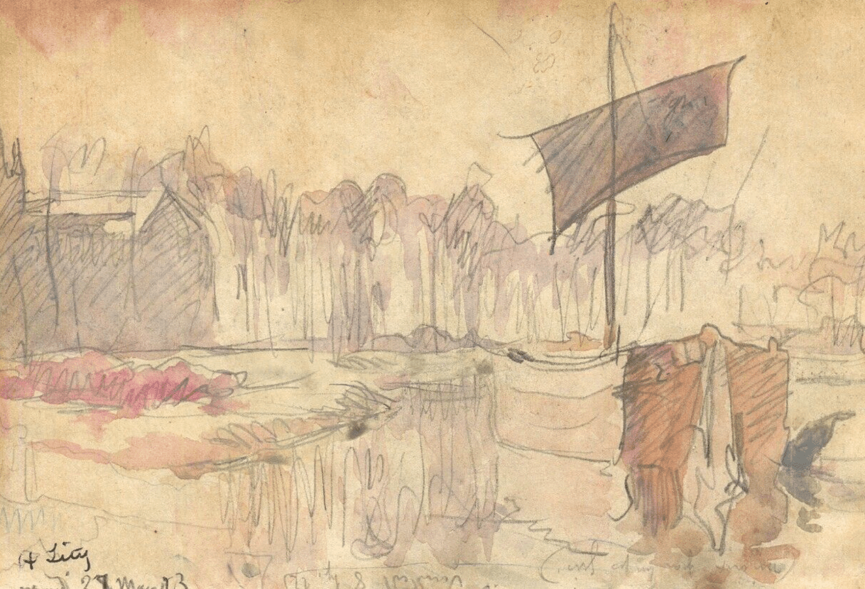 Antique Drawing Original Signed Marine, Landscape, Boats, Port, Village 1923
