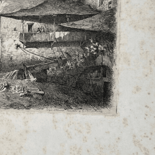 Antique Etching Original Landscape, Forges d'Allevard Dauphine, House, People image 4