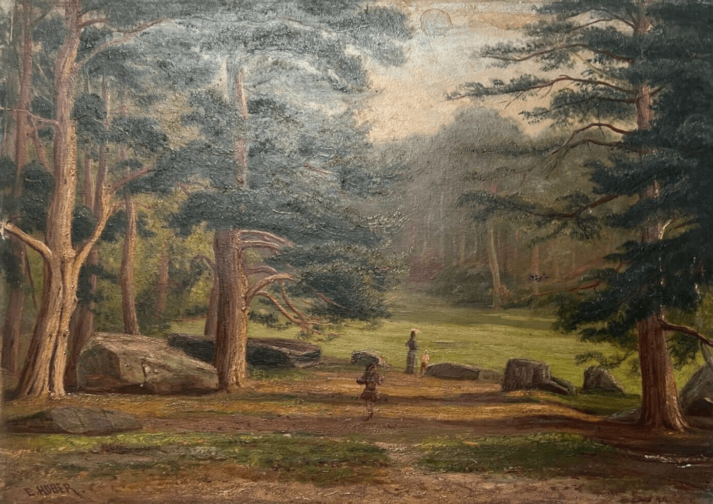 Original Painting signed, Landscape, Family, Kids, Forest, Trees