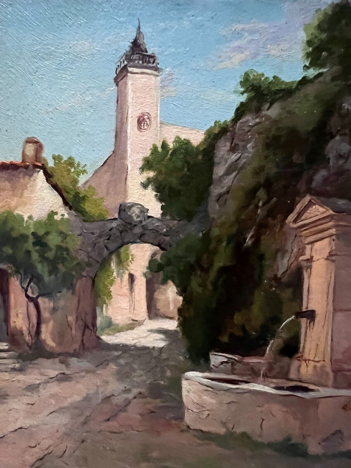 Painting City Town Landscape, Village and Fountain