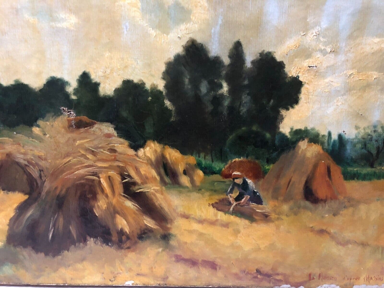 Antique Oil on canvas Old Painting Landscape, Hay, Fields