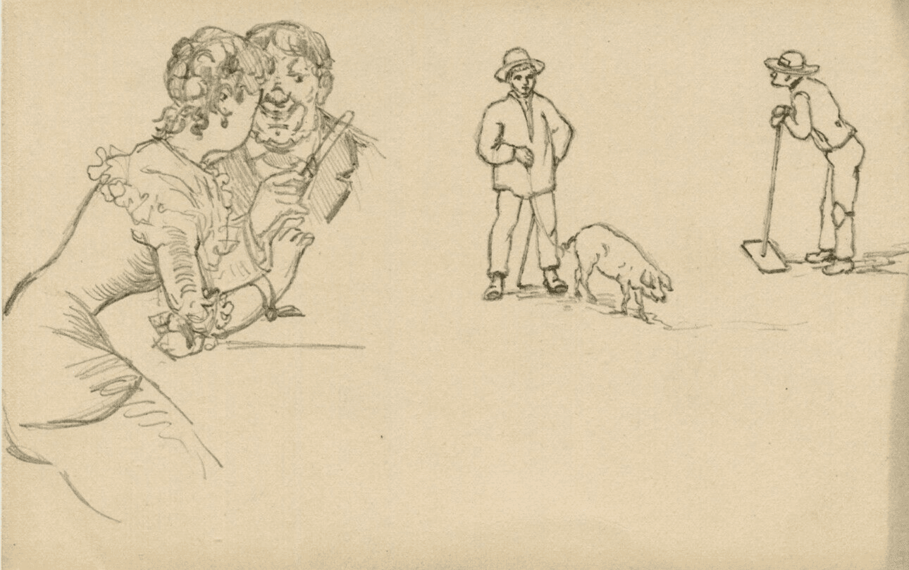 Vintage Pencil Original Drawing Couple Portrait, Man with Pig