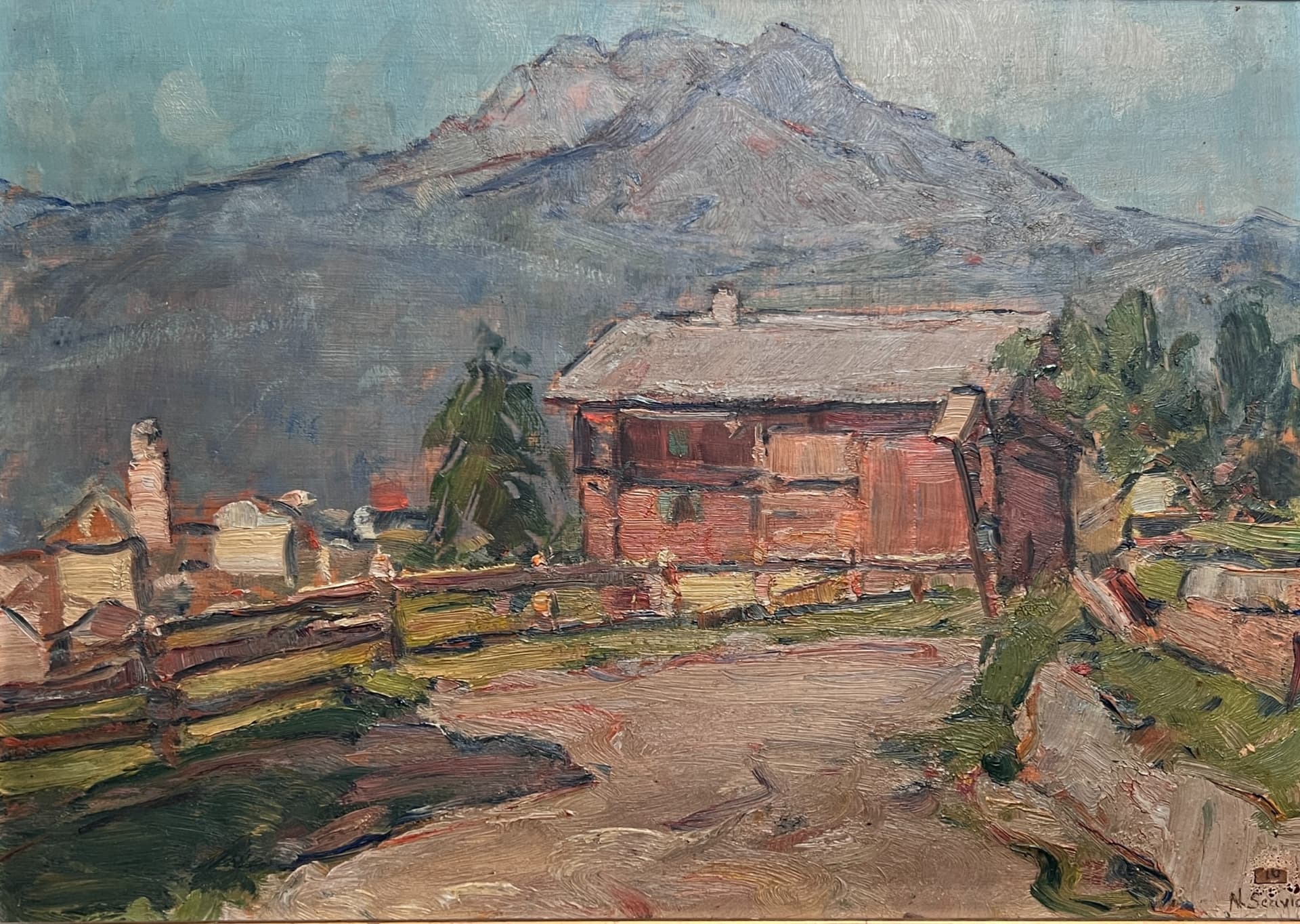 Painting Mountain and Village Landscape