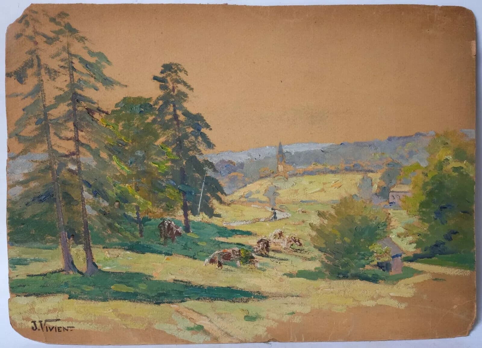Antique Original Painting Landscape, Trees, Forest, Town, Nature signed image 7