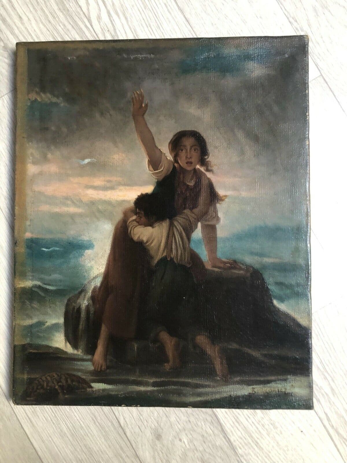 Painting Woman Shipwreck with Little Kid signed