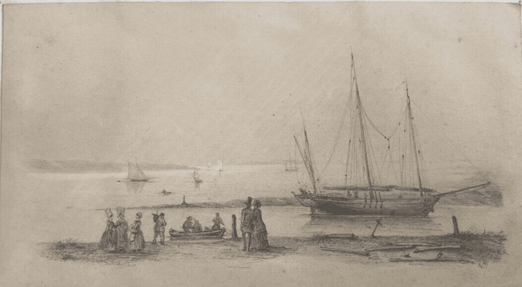 Antique Pencil Drawing 19th century Seaview Landscape with Boat and Figures