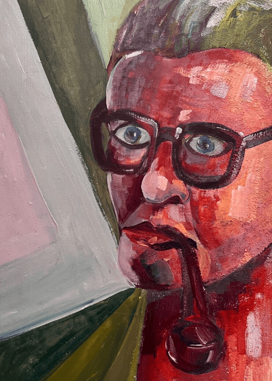 Antique Original Painting Red Man Portrait with Pipe