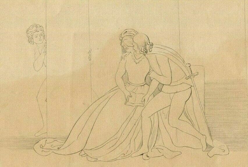 Antique Pencil Original Drawing 19th century Couple of Lovers