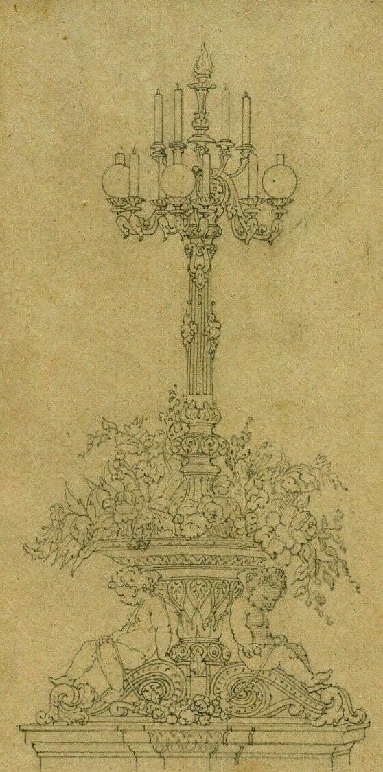 Antique Pencil Original Drawing 19th century Sculpture, Fruits