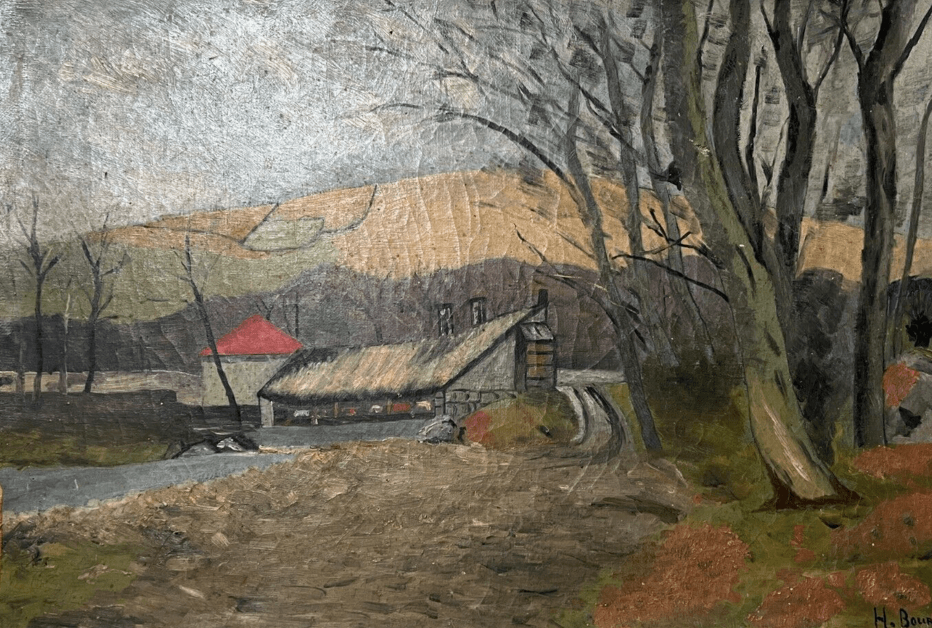 Antique Oil Painting Olivier BOURSIER (XX) Village Landscape, Trees