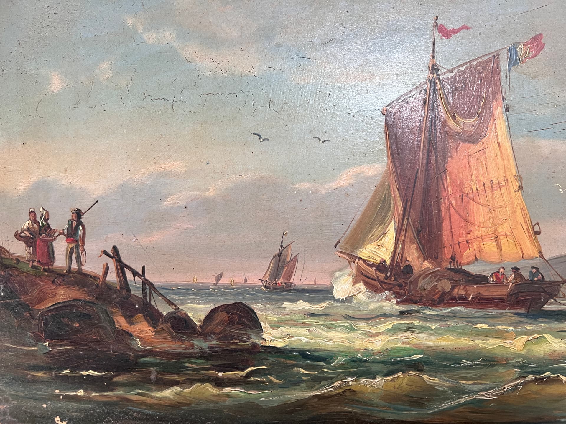Painting by Léon BRARD (1830-1902) Maritime Landscape with Boats