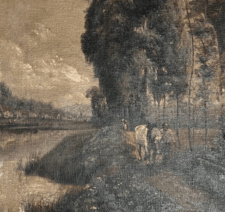 Antique Oil Original Painting River Landscape, Man with Horse, Trees, Loing