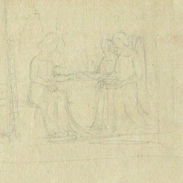 Antique Pencil Original Drawing 19th century Religious Scene, Figures