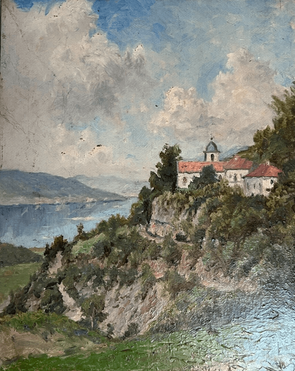 Antique Oil Vintage Original Painting Landscape Mountain Village, Lake