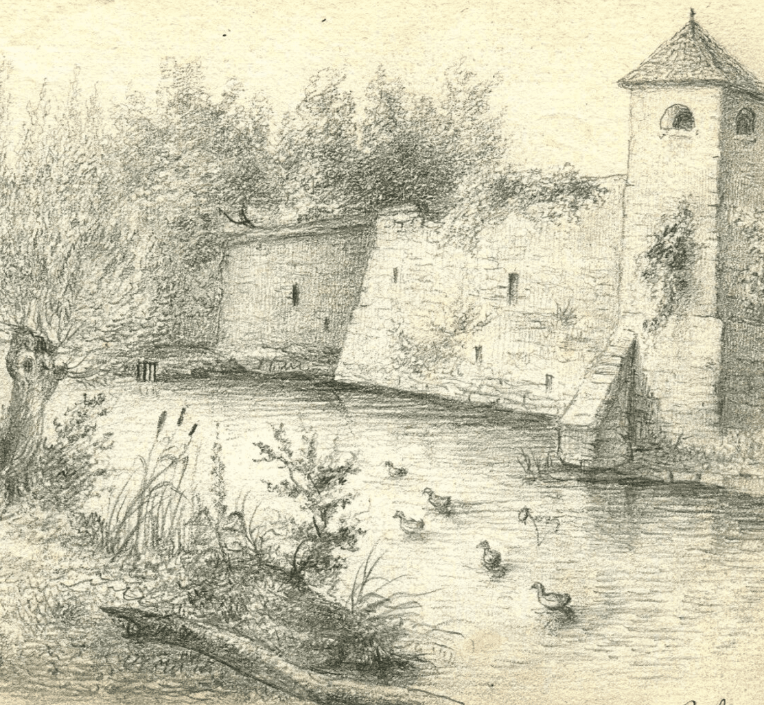 Antique Pencil Drawing Original Wall Landscape River, Duck, Tree, Cityview