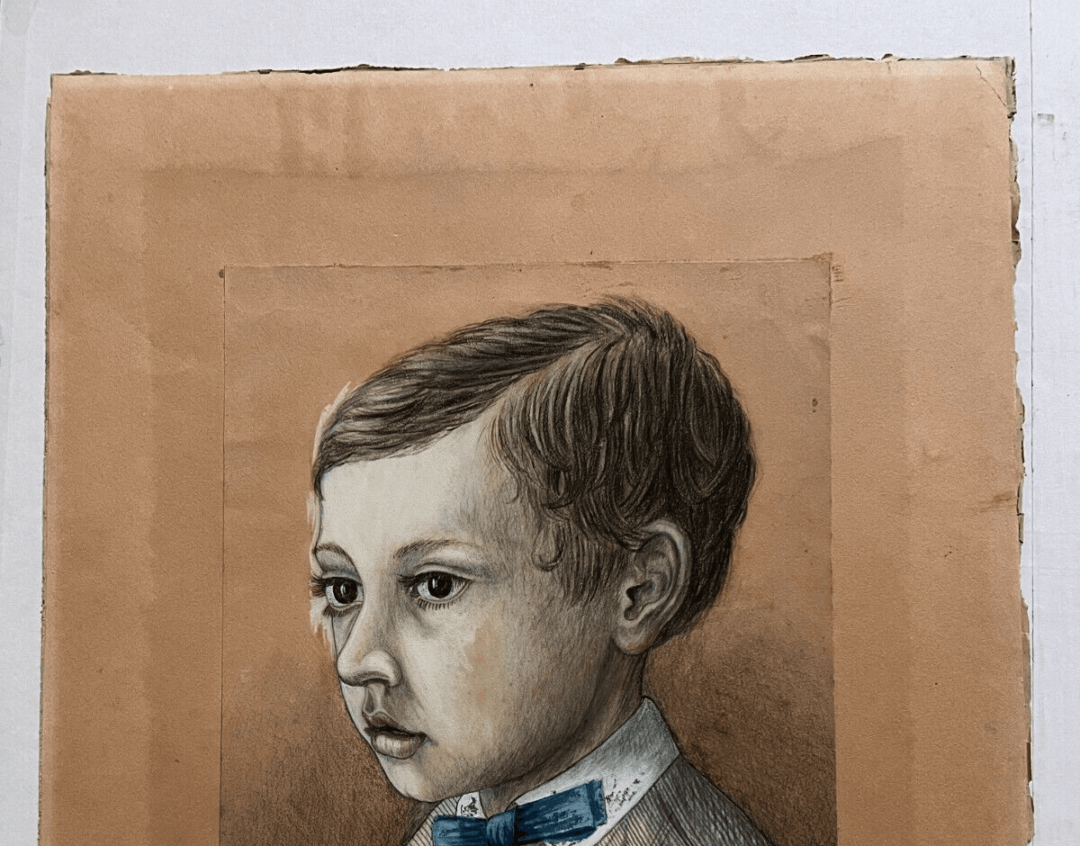 Antique Drawing Ink Original Boy, Portrait, Child 1870 19th century image 4