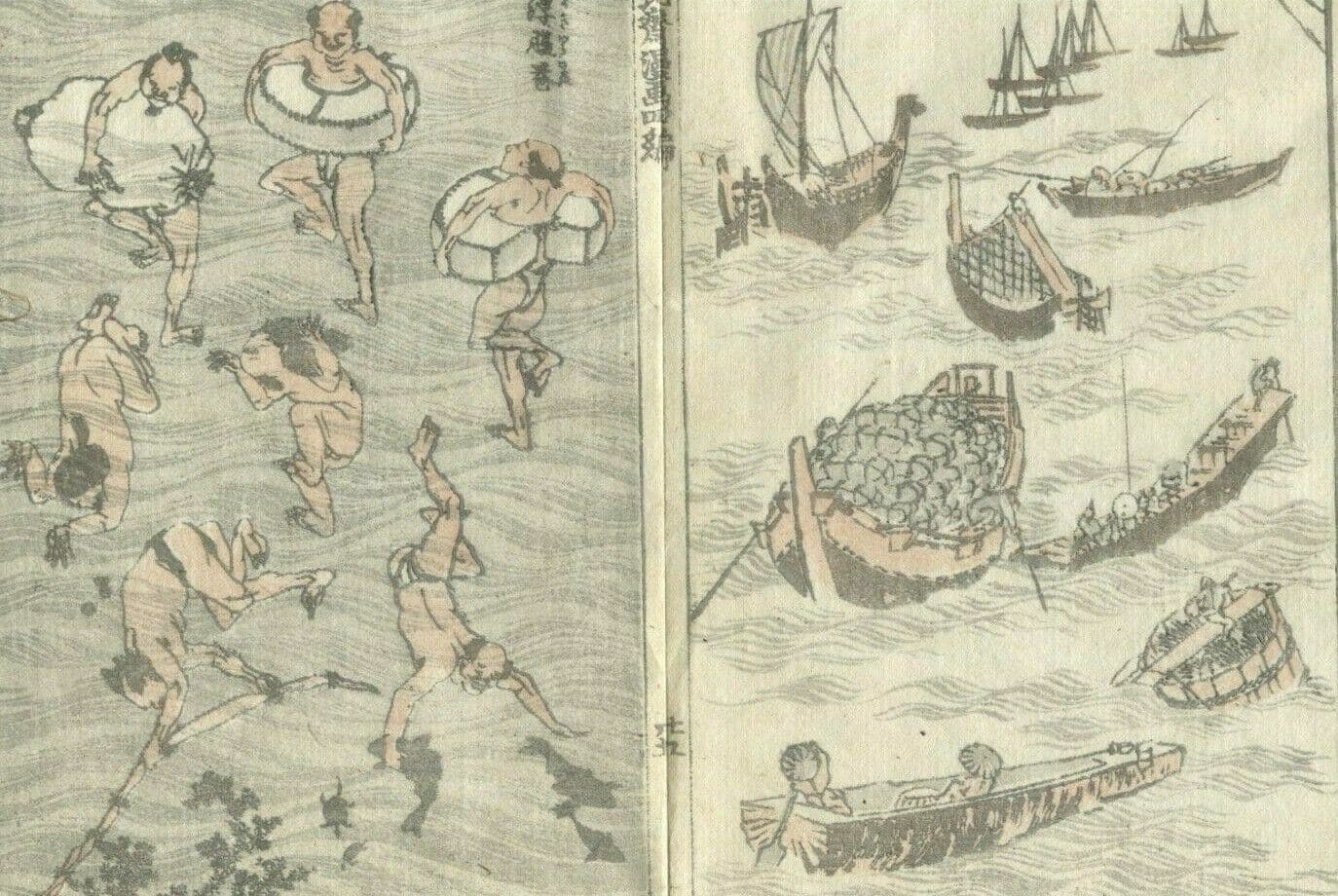Antique Japanese WoodPrint Boats and Figures c. 1890 Asian Art Print Ukiyo-e