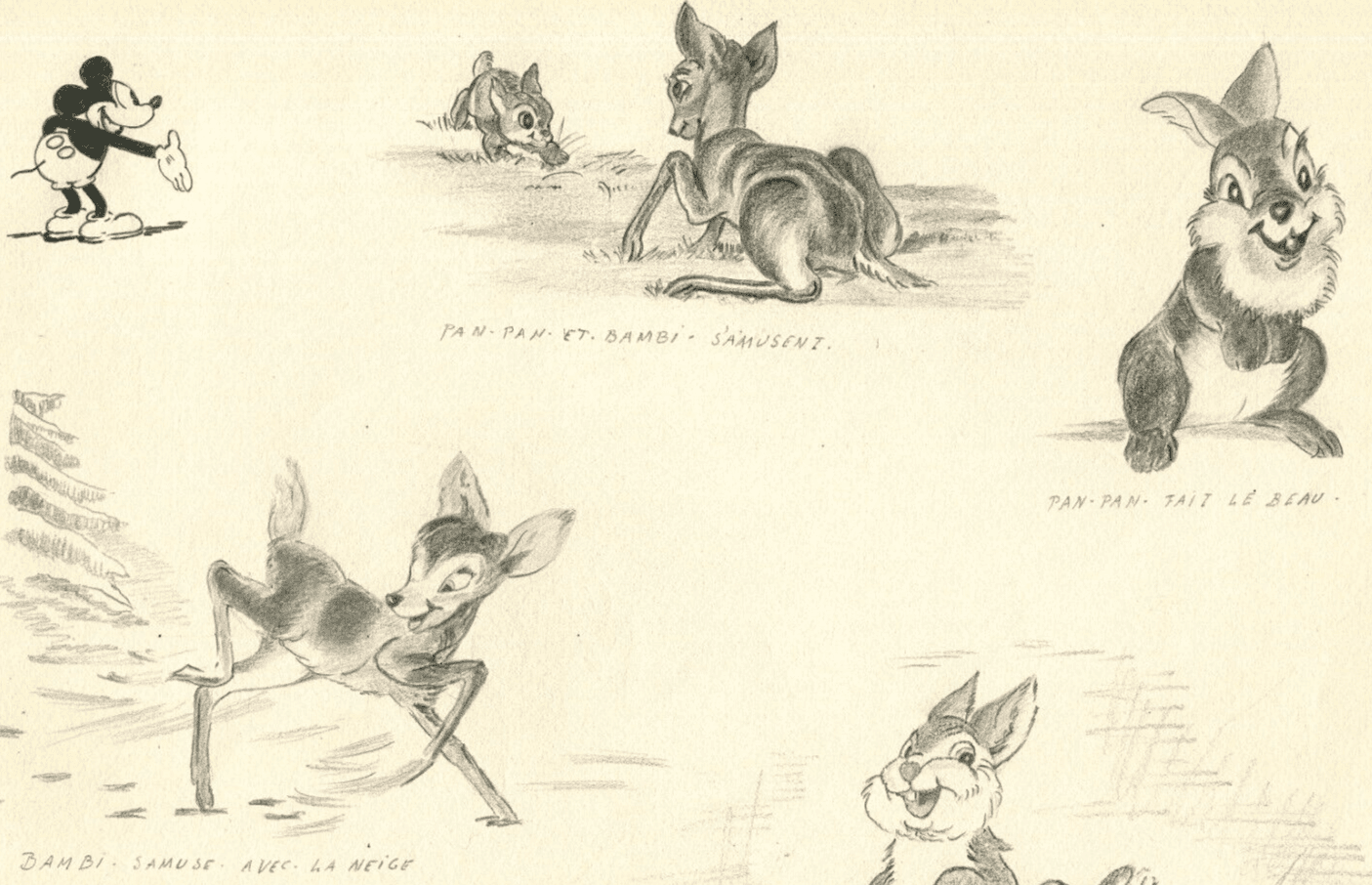 Antique Drawing Original Cartoon, Disney, Mickey, Bambi