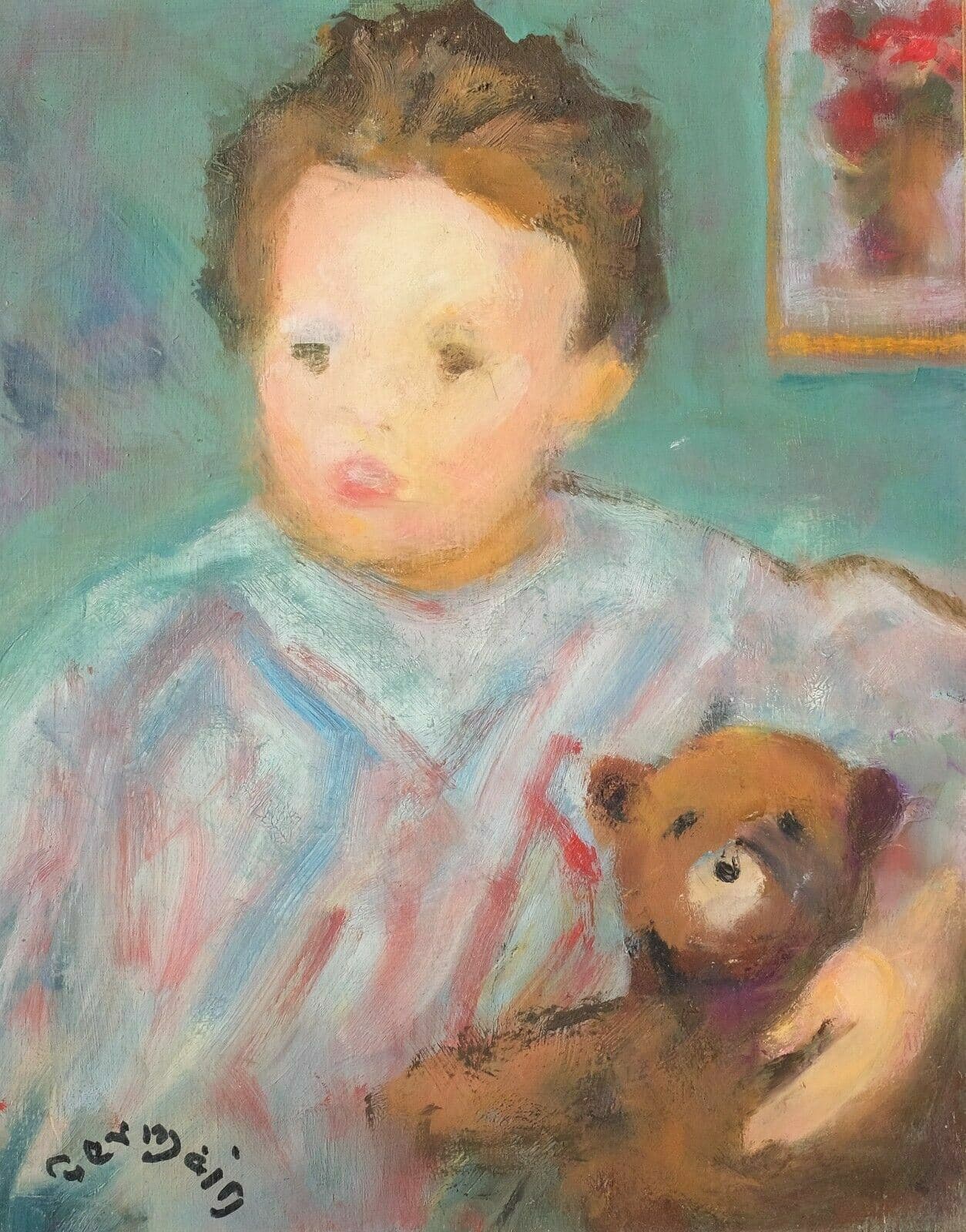 Vintage Oil Original Painting signed Young Boy Portrait Teddy Bear French Framed