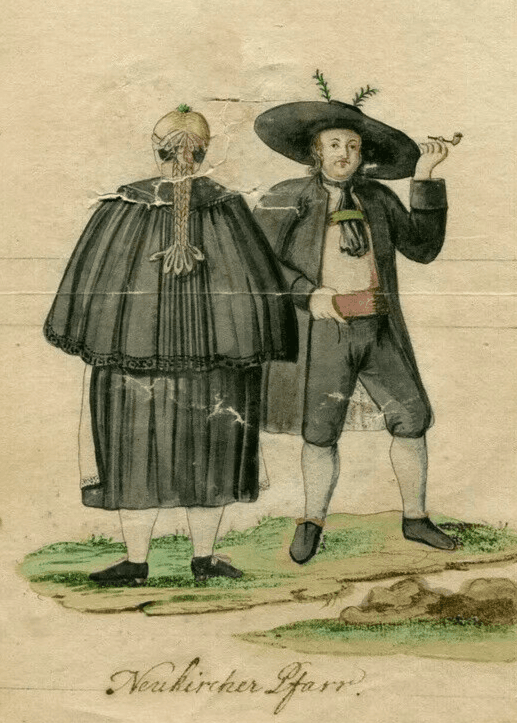 Antique Original Drawing German People Religious Costumes Pfarrkirchen