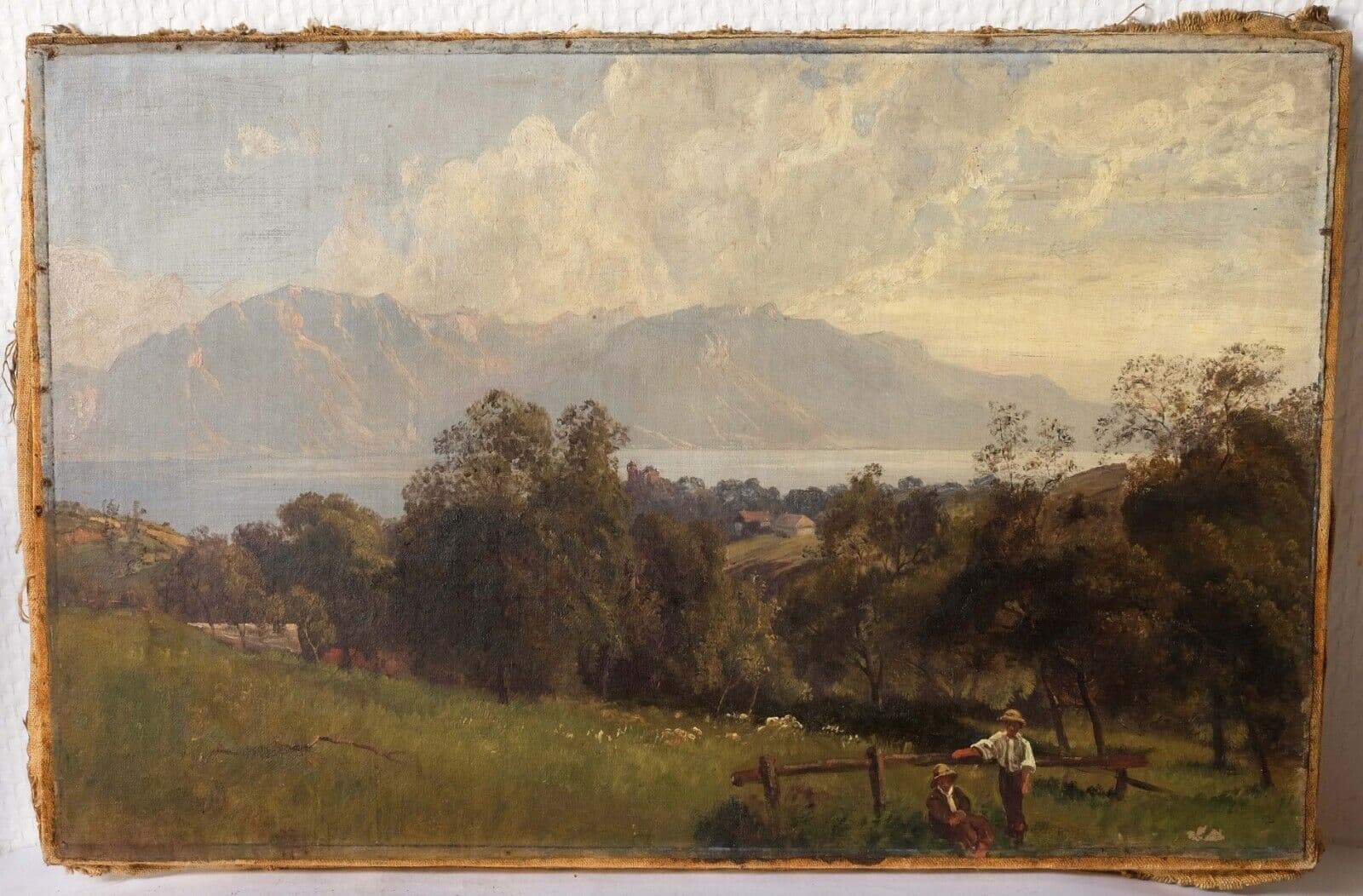 Painting Landscape Mountain People and Lake