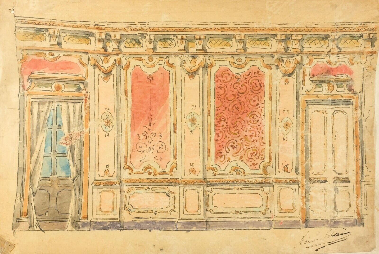 Vintage Drawing Watercolor Decoration, Architecture signed