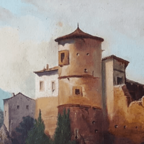 Antique Painting Oil Original 19th Century Fortified Hamlet Village Landscape image 3