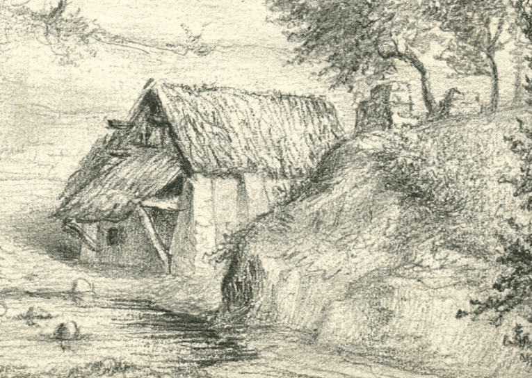 Antique Pencil Original Drawing 19th century Landscape, Farm, Forest image 2