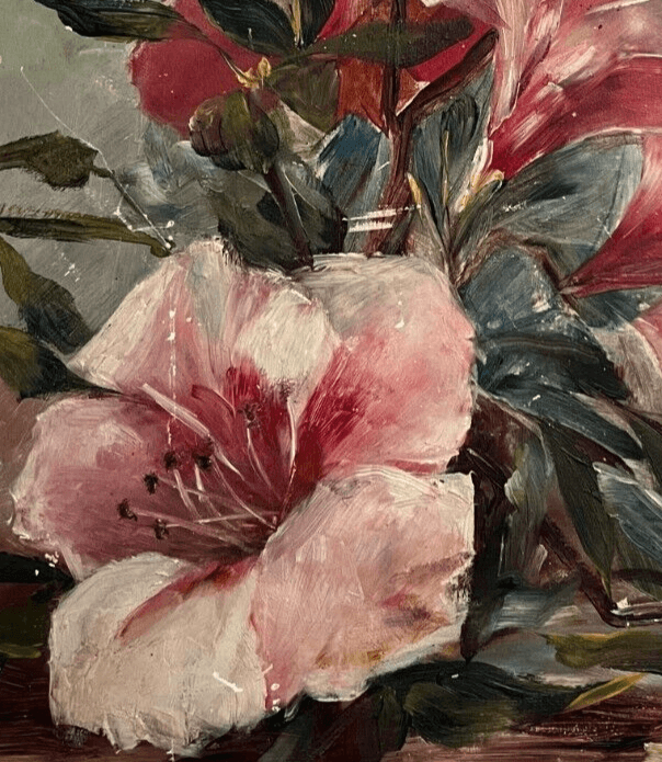 Antique Painting Flowers Bouquet Oil Pink Flower Bouquet Signed Floral image 2
