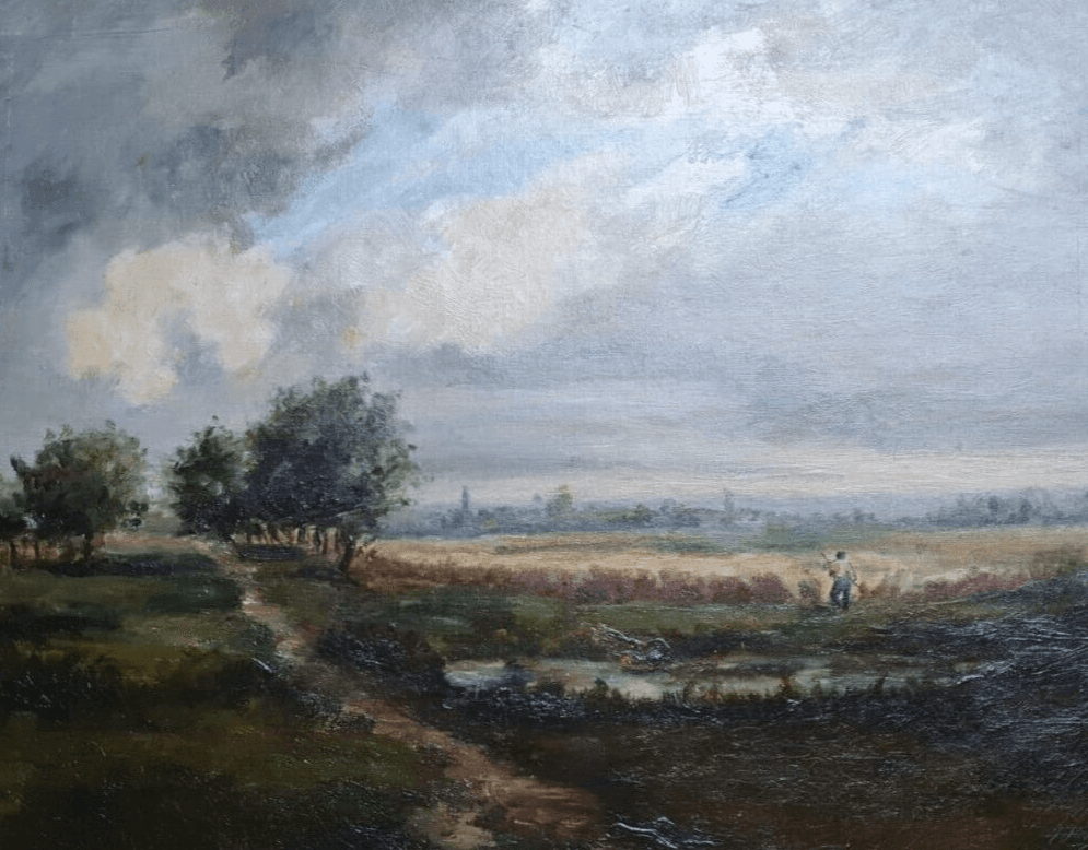 Antique Original 19th century Painting Landscape, Figure Barbizon, Fields