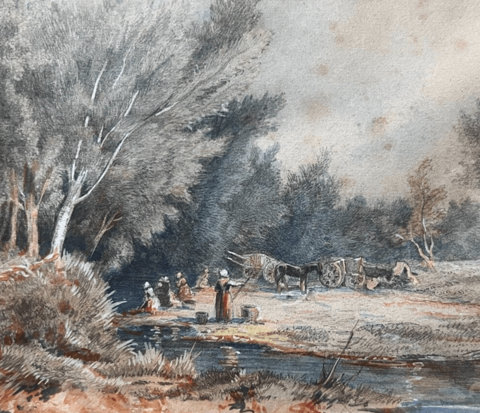 Antique Drawing Original signed Louis Ernest GUILLE (XIX) Landscape, People